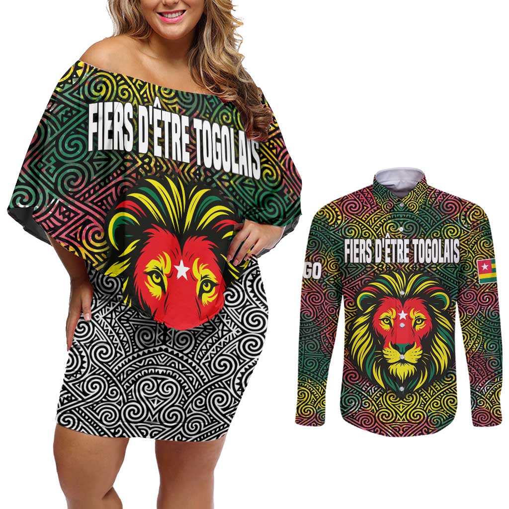 Togo Couples Matching Off Shoulder Short Dress and Long Sleeve Button Shirt with Red Lion Head Design and Traditional African Pattern