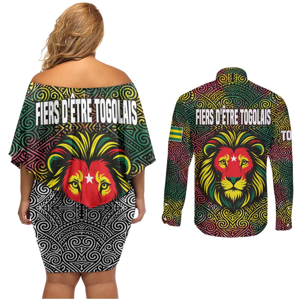 Togo Couples Matching Off Shoulder Short Dress and Long Sleeve Button Shirt with Red Lion Head Design and Traditional African Pattern