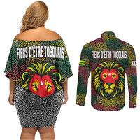 Togo Couples Matching Off Shoulder Short Dress and Long Sleeve Button Shirt with Red Lion Head Design and Traditional African Pattern