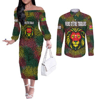 Togo Couples Matching Off The Shoulder Long Sleeve Dress and Long Sleeve Button Shirt with Red Lion Head Design and Traditional African Pattern