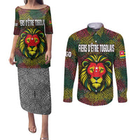Togo Couples Matching Puletasi and Long Sleeve Button Shirt with Red Lion Head Design and Traditional African Pattern