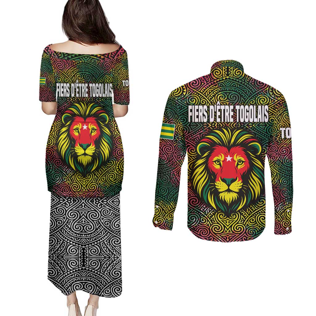 Togo Couples Matching Puletasi and Long Sleeve Button Shirt with Red Lion Head Design and Traditional African Pattern