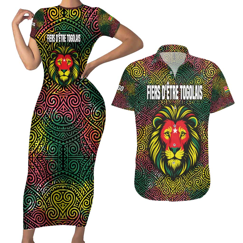 Togo Couples Matching Short Sleeve Bodycon Dress and Hawaiian Shirt with Red Lion Head Design and Traditional African Pattern