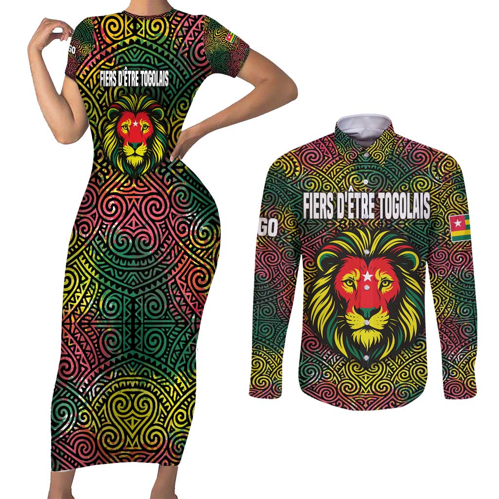 Togo Couples Matching Short Sleeve Bodycon Dress and Long Sleeve Button Shirt with Red Lion Head Design and Traditional African Pattern