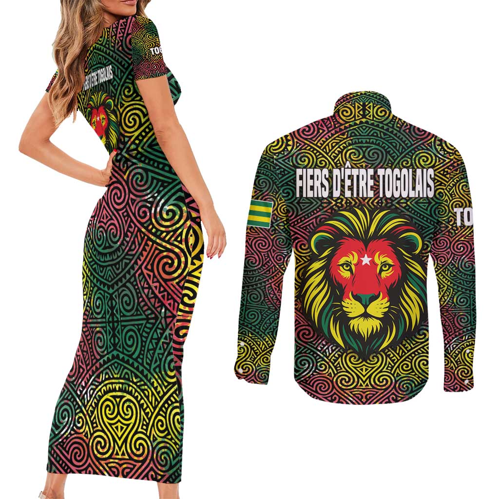 Togo Couples Matching Short Sleeve Bodycon Dress and Long Sleeve Button Shirt with Red Lion Head Design and Traditional African Pattern