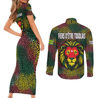 Togo Couples Matching Short Sleeve Bodycon Dress and Long Sleeve Button Shirt with Red Lion Head Design and Traditional African Pattern