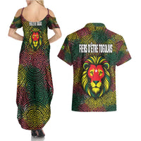 Togo Couples Matching Summer Maxi Dress and Hawaiian Shirt with Red Lion Head Design and Traditional African Pattern