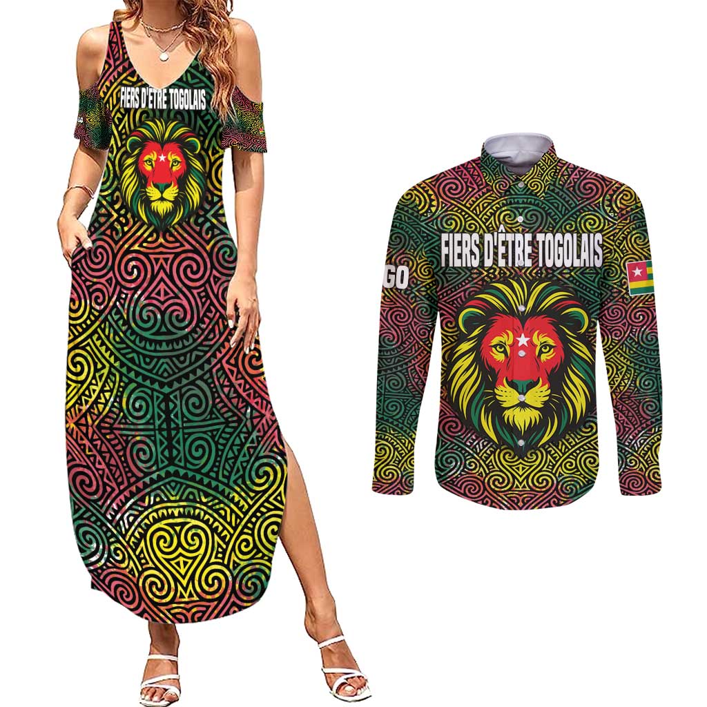 Togo Couples Matching Summer Maxi Dress and Long Sleeve Button Shirt with Red Lion Head Design and Traditional African Pattern