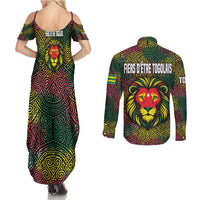 Togo Couples Matching Summer Maxi Dress and Long Sleeve Button Shirt with Red Lion Head Design and Traditional African Pattern