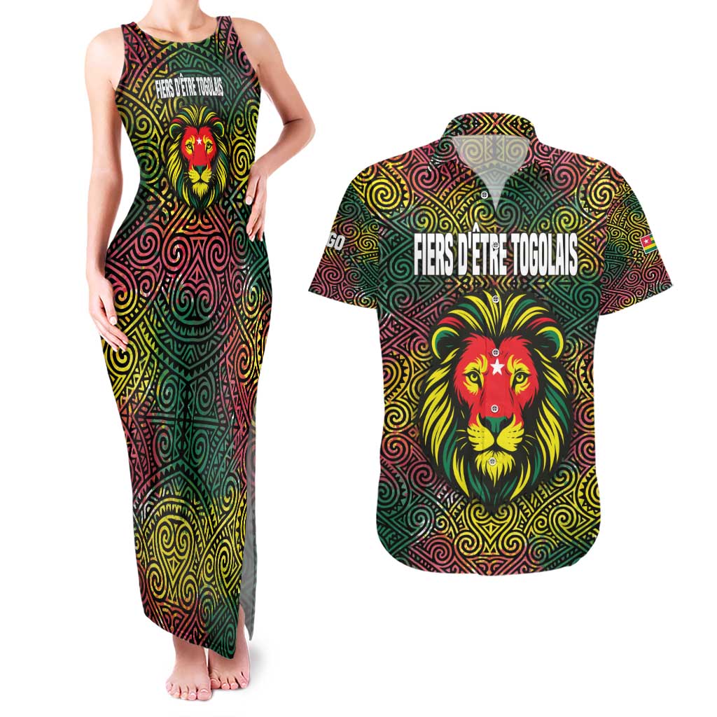 Togo Couples Matching Tank Maxi Dress and Hawaiian Shirt with Red Lion Head Design and Traditional African Pattern