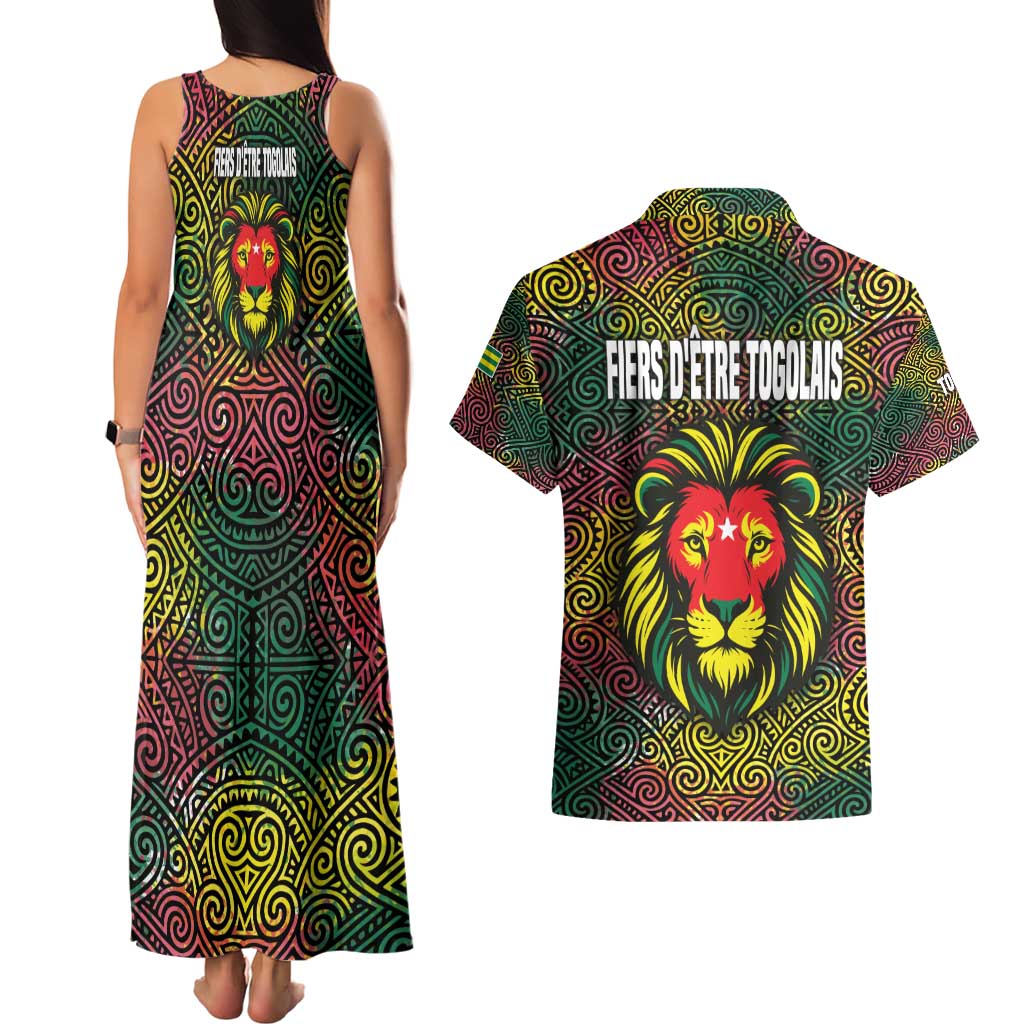 Togo Couples Matching Tank Maxi Dress and Hawaiian Shirt with Red Lion Head Design and Traditional African Pattern