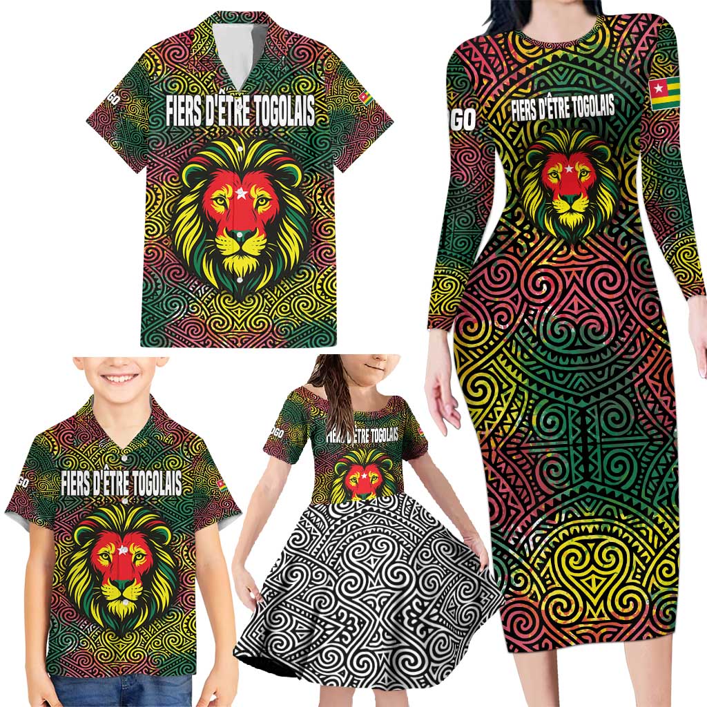 Togo Family Matching Long Sleeve Bodycon Dress and Hawaiian Shirt with Red Lion Head Design and Traditional African Pattern