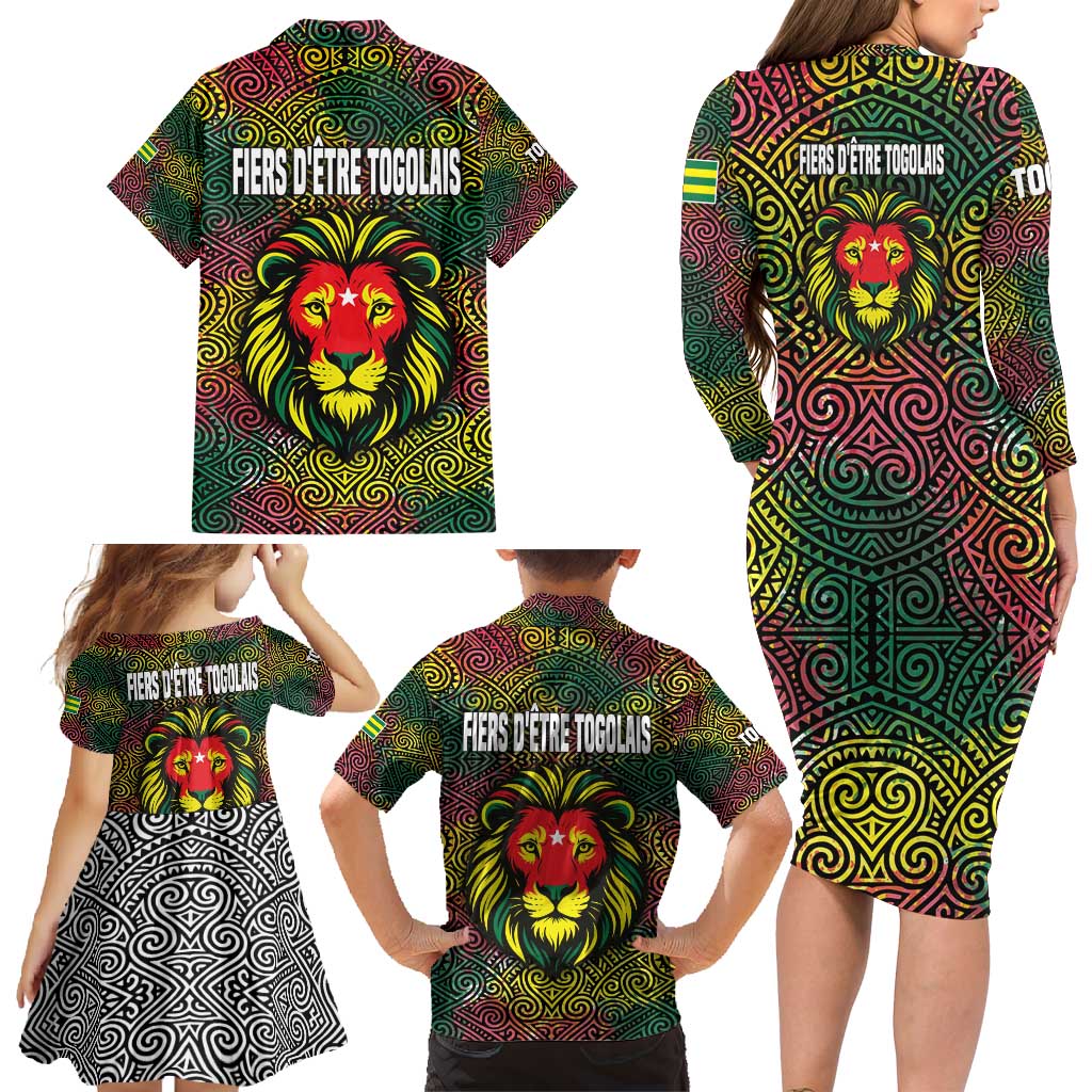 Togo Family Matching Long Sleeve Bodycon Dress and Hawaiian Shirt with Red Lion Head Design and Traditional African Pattern