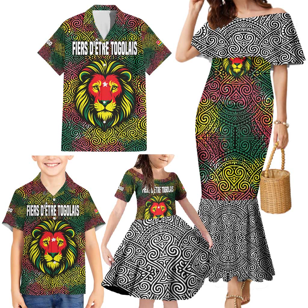 Togo Family Matching Mermaid Dress and Hawaiian Shirt with Red Lion Head Design and Traditional African Pattern
