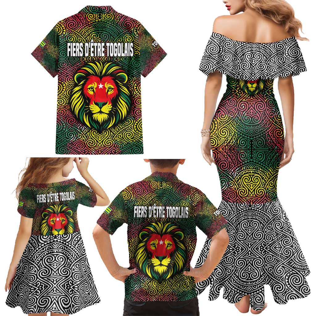 Togo Family Matching Mermaid Dress and Hawaiian Shirt with Red Lion Head Design and Traditional African Pattern