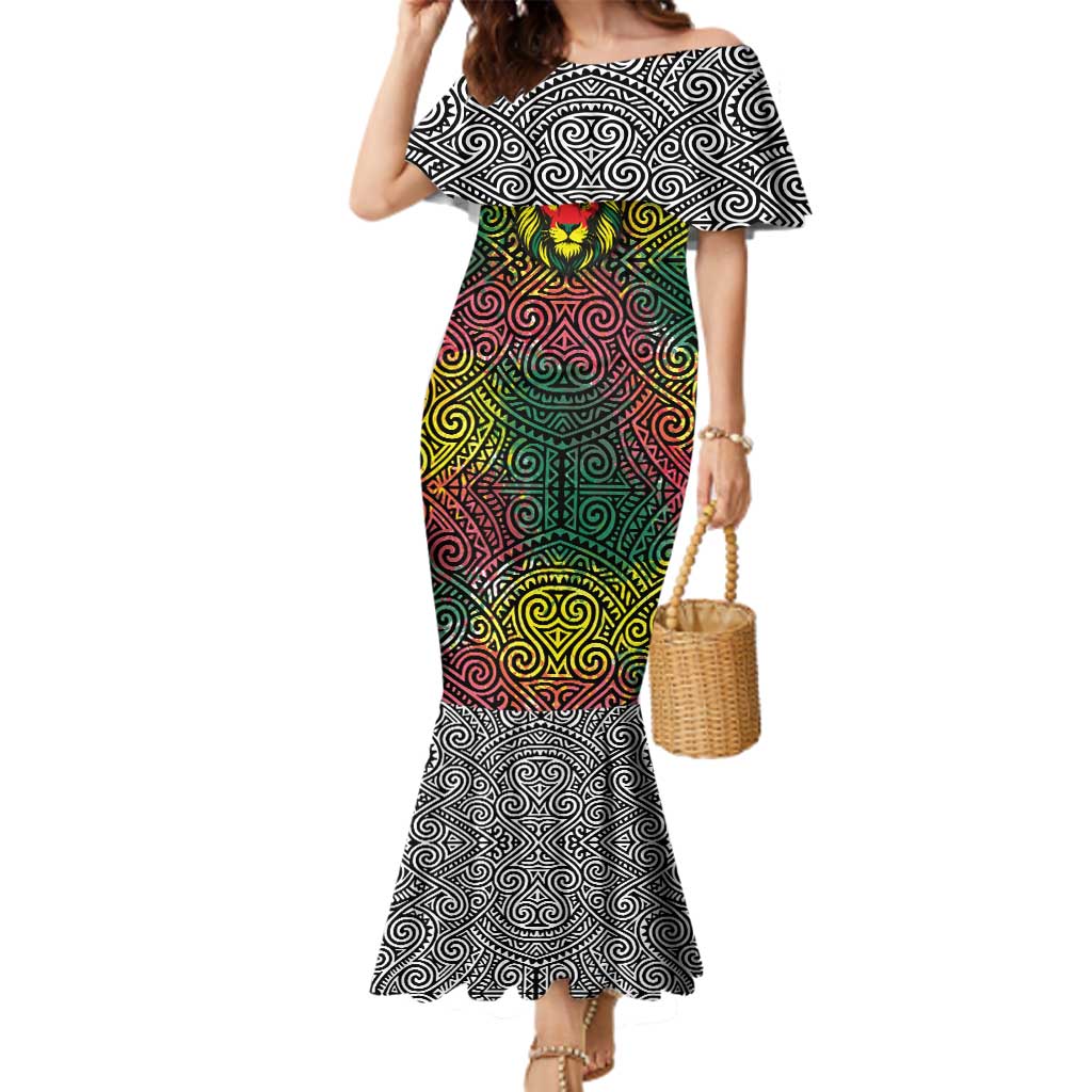 Togo Family Matching Mermaid Dress and Hawaiian Shirt with Red Lion Head Design and Traditional African Pattern