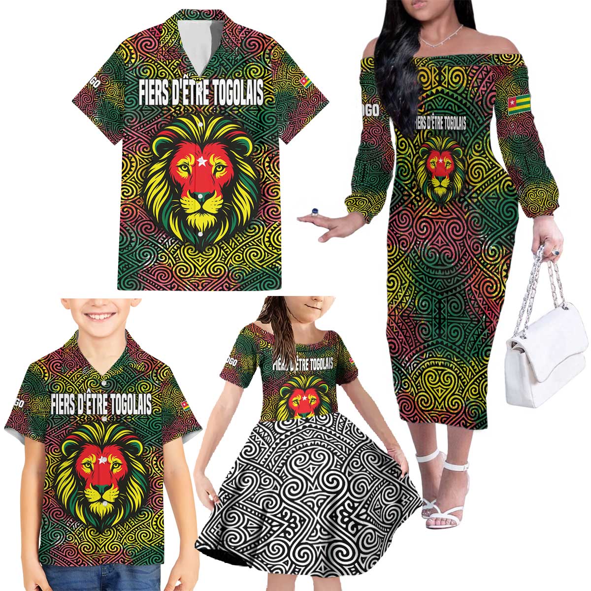 Togo Family Matching Off The Shoulder Long Sleeve Dress and Hawaiian Shirt with Red Lion Head Design and Traditional African Pattern