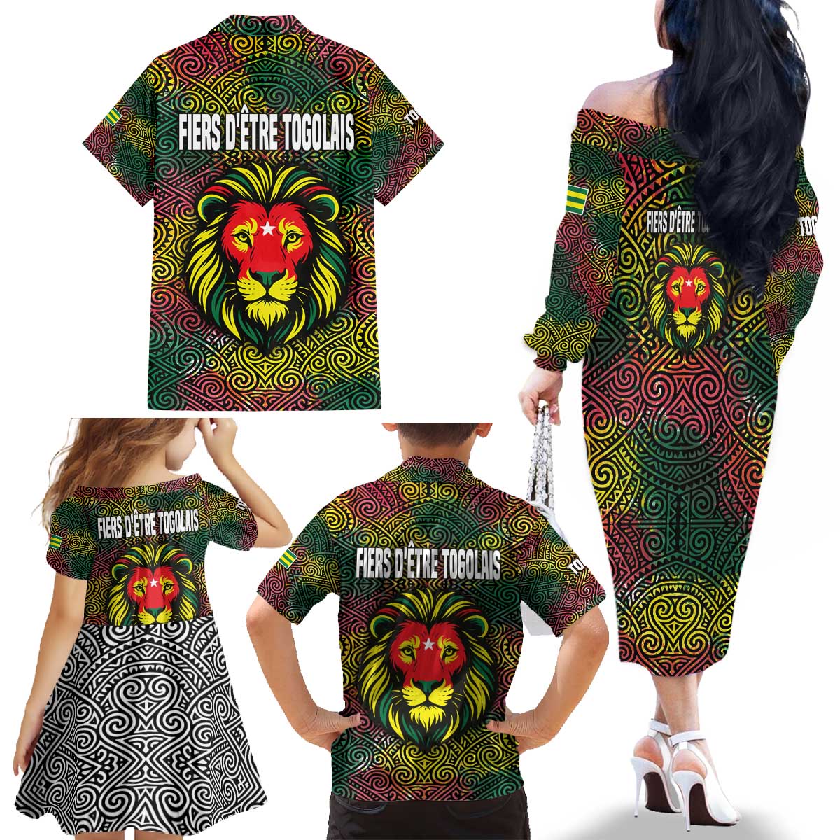 Togo Family Matching Off The Shoulder Long Sleeve Dress and Hawaiian Shirt with Red Lion Head Design and Traditional African Pattern