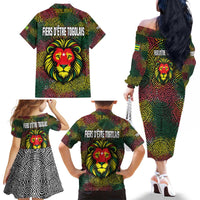 Togo Family Matching Off The Shoulder Long Sleeve Dress and Hawaiian Shirt with Red Lion Head Design and Traditional African Pattern