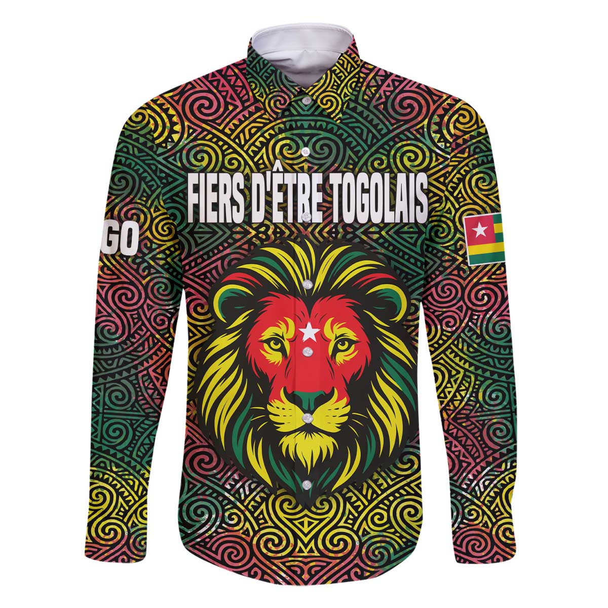 Togo Family Matching Off The Shoulder Long Sleeve Dress and Hawaiian Shirt with Red Lion Head Design and Traditional African Pattern