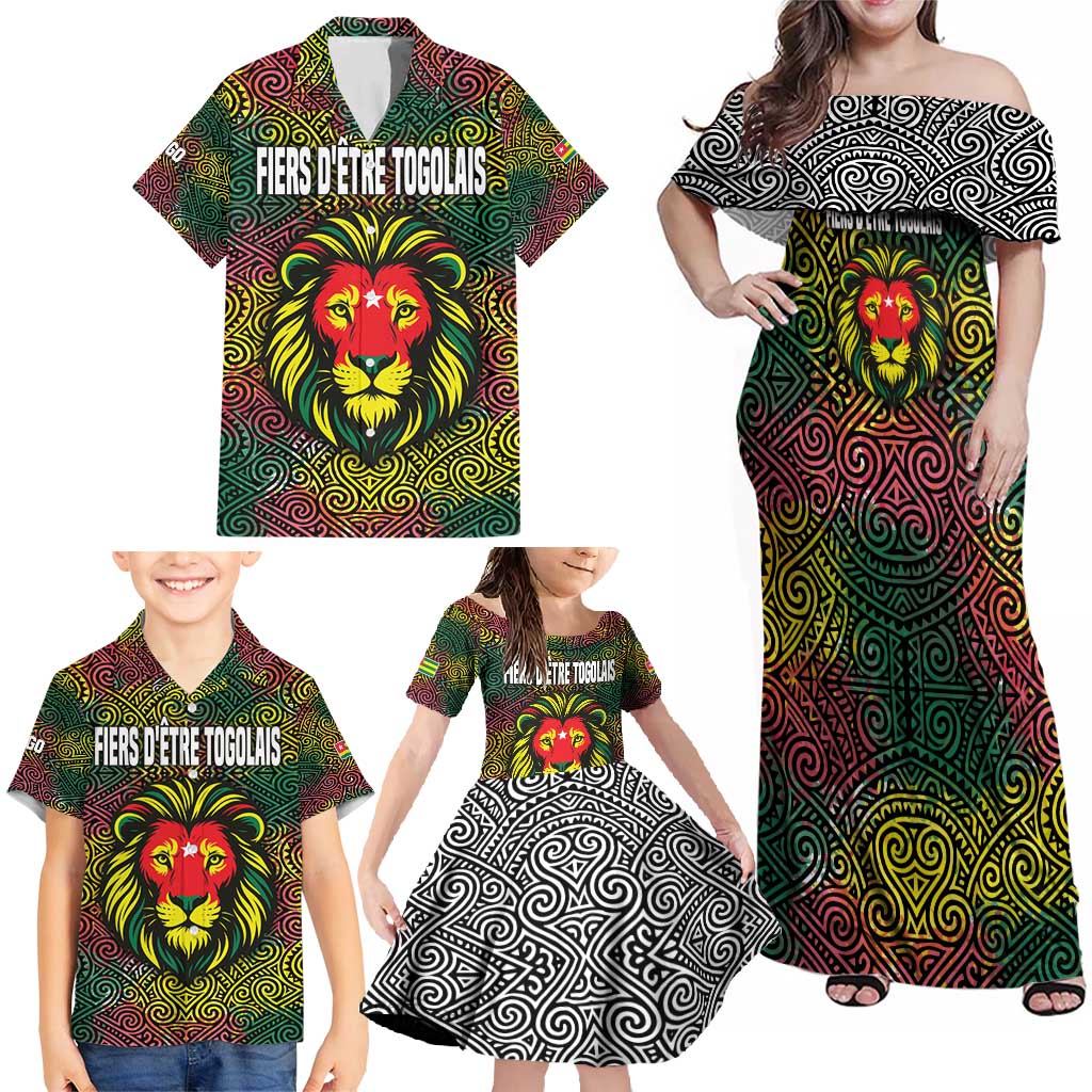 Togo Family Matching Off Shoulder Maxi Dress and Hawaiian Shirt with Red Lion Head Design and Traditional African Pattern