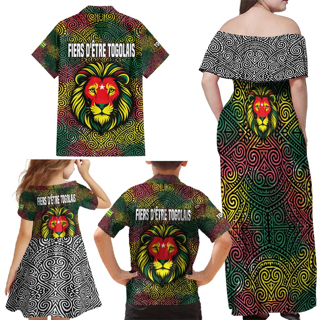 Togo Family Matching Off Shoulder Maxi Dress and Hawaiian Shirt with Red Lion Head Design and Traditional African Pattern