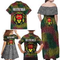 Togo Family Matching Off Shoulder Maxi Dress and Hawaiian Shirt with Red Lion Head Design and Traditional African Pattern