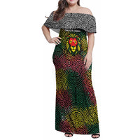 Togo Family Matching Off Shoulder Maxi Dress and Hawaiian Shirt with Red Lion Head Design and Traditional African Pattern