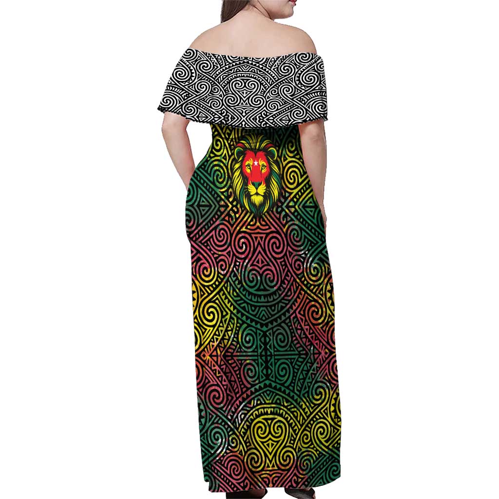 Togo Family Matching Off Shoulder Maxi Dress and Hawaiian Shirt with Red Lion Head Design and Traditional African Pattern