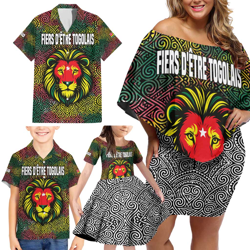 Togo Family Matching Off Shoulder Short Dress and Hawaiian Shirt with Red Lion Head Design and Traditional African Pattern