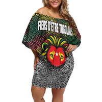 Togo Family Matching Off Shoulder Short Dress and Hawaiian Shirt with Red Lion Head Design and Traditional African Pattern