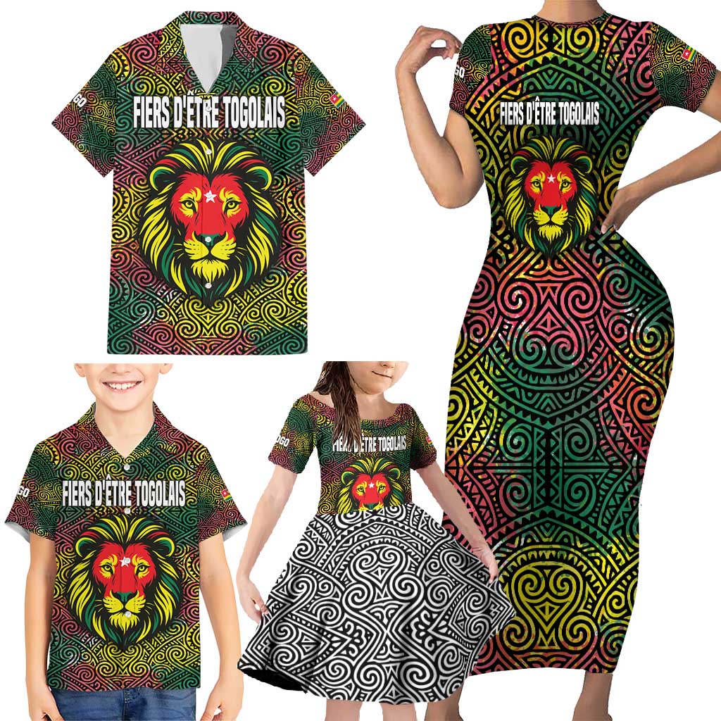 Togo Family Matching Short Sleeve Bodycon Dress and Hawaiian Shirt with Red Lion Head Design and Traditional African Pattern