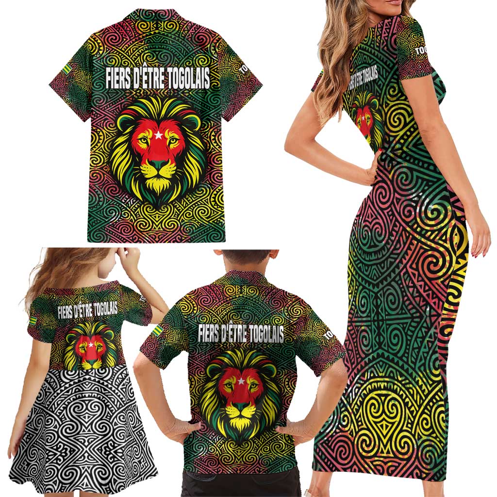 Togo Family Matching Short Sleeve Bodycon Dress and Hawaiian Shirt with Red Lion Head Design and Traditional African Pattern