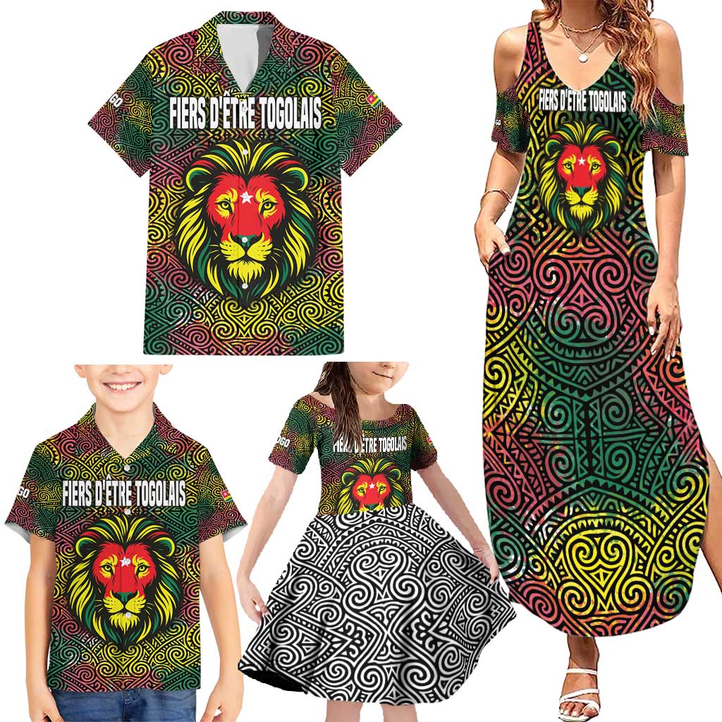 Togo Family Matching Summer Maxi Dress and Hawaiian Shirt with Red Lion Head Design and Traditional African Pattern