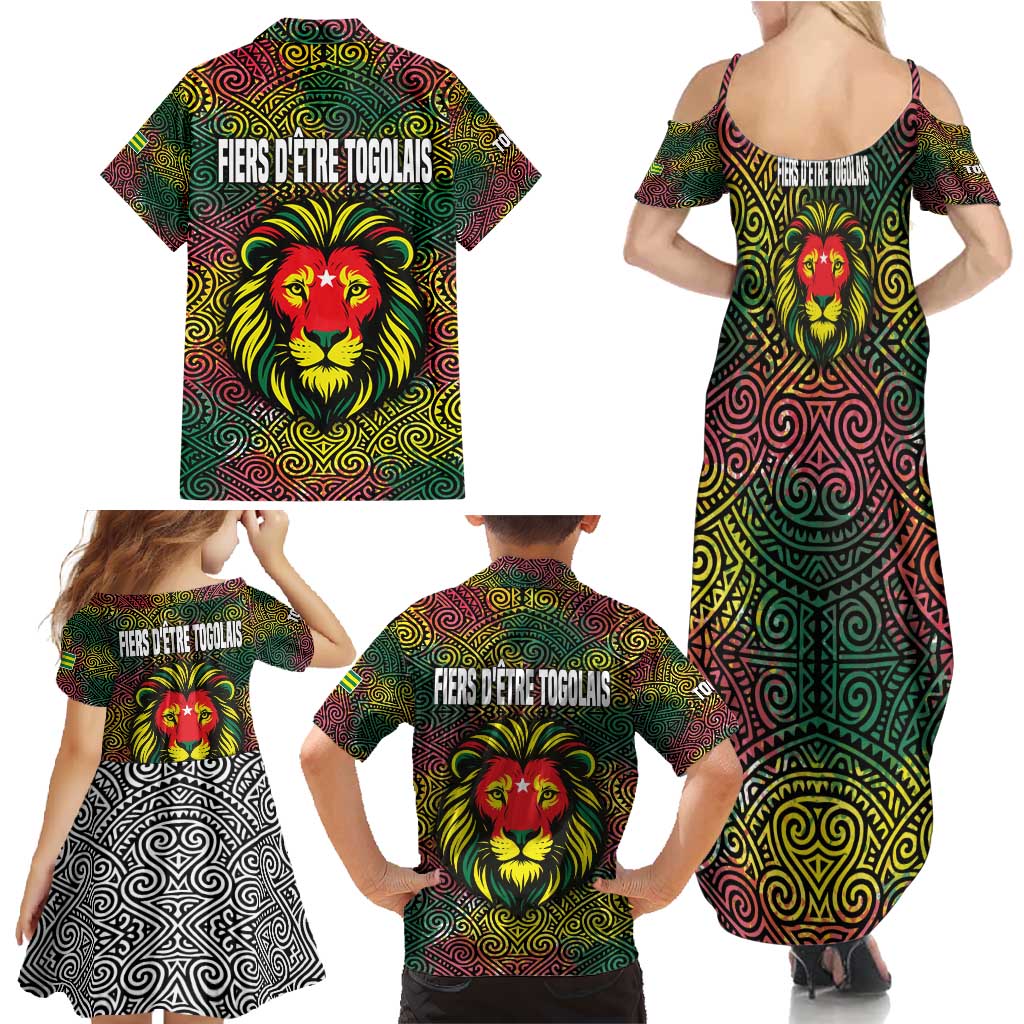 Togo Family Matching Summer Maxi Dress and Hawaiian Shirt with Red Lion Head Design and Traditional African Pattern