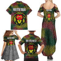 Togo Family Matching Summer Maxi Dress and Hawaiian Shirt with Red Lion Head Design and Traditional African Pattern