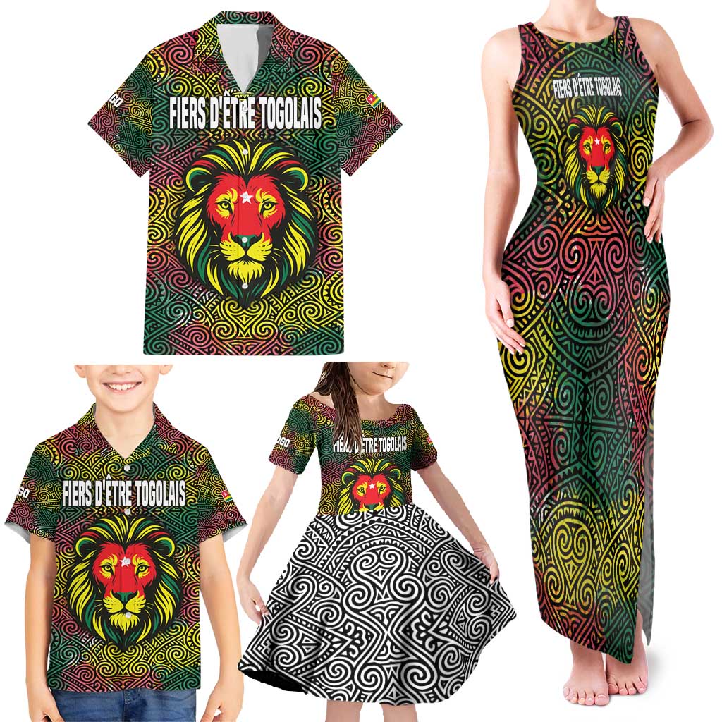 Togo Family Matching Tank Maxi Dress and Hawaiian Shirt with Red Lion Head Design and Traditional African Pattern