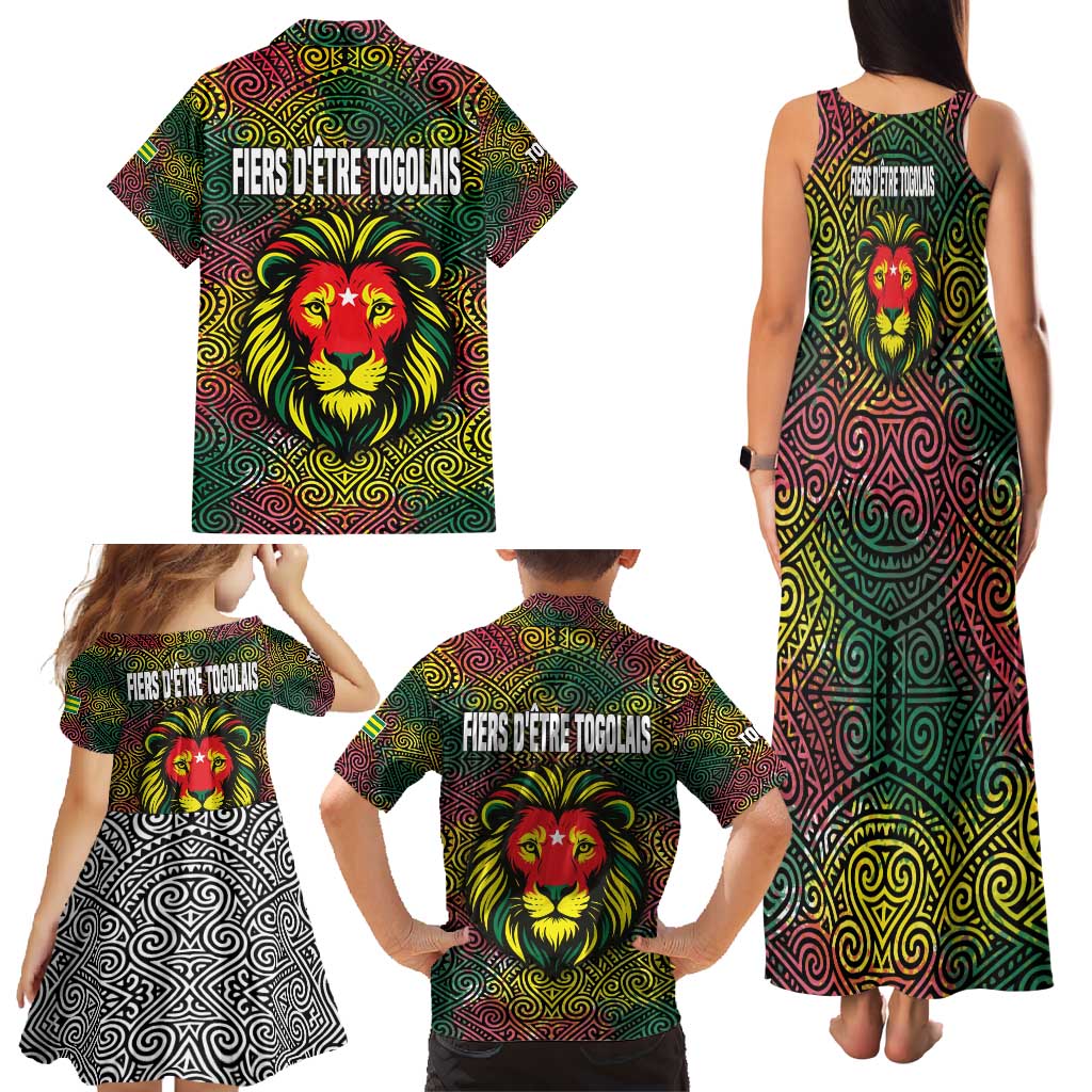 Togo Family Matching Tank Maxi Dress and Hawaiian Shirt with Red Lion Head Design and Traditional African Pattern
