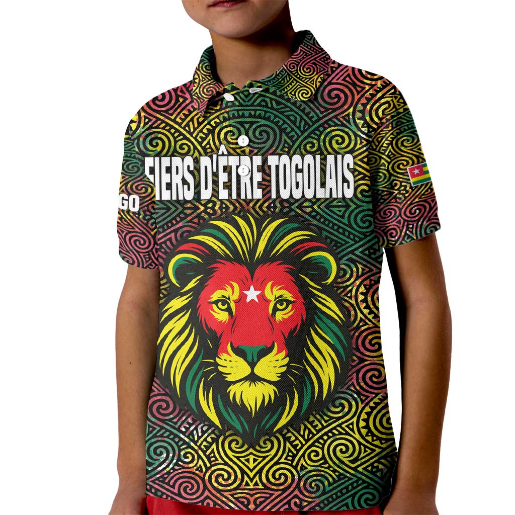 Togo Kid Polo Shirt with Red Lion Head Design and Traditional African Pattern