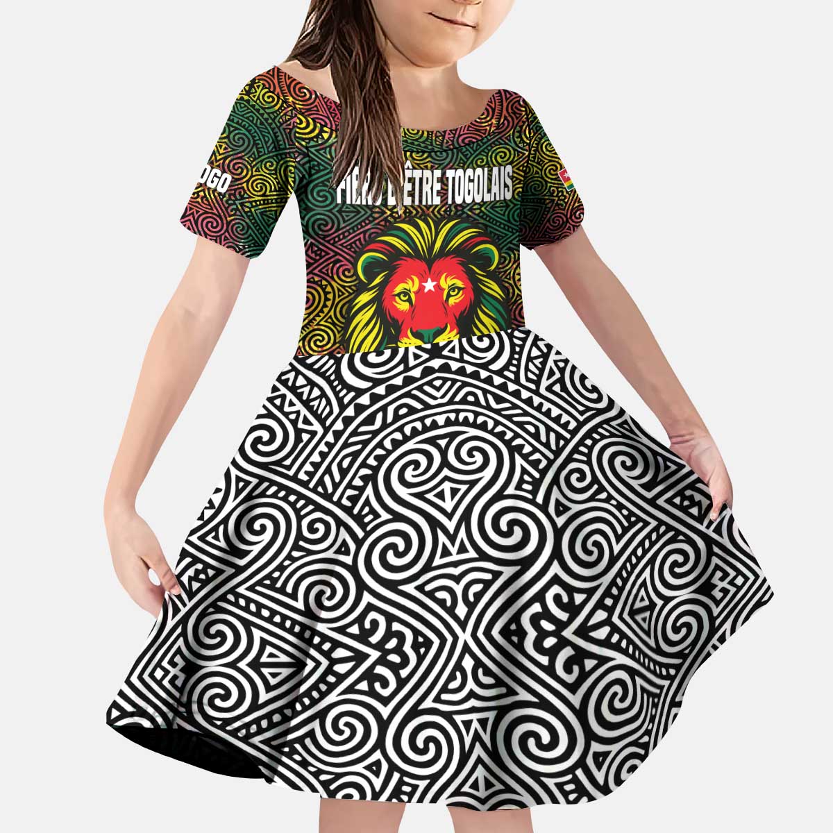 Togo Kid Short Sleeve Dress with Red Lion Head Design and Traditional African Pattern