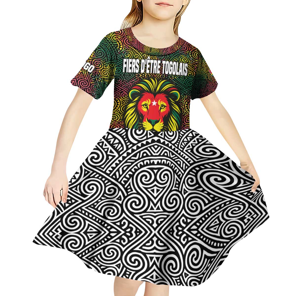 Togo Kid Short Sleeve Dress with Red Lion Head Design and Traditional African Pattern