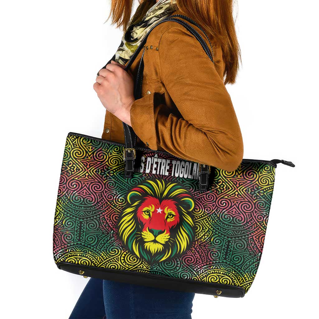 Togo Leather Tote Bag with Red Lion Head Design and Traditional African Pattern