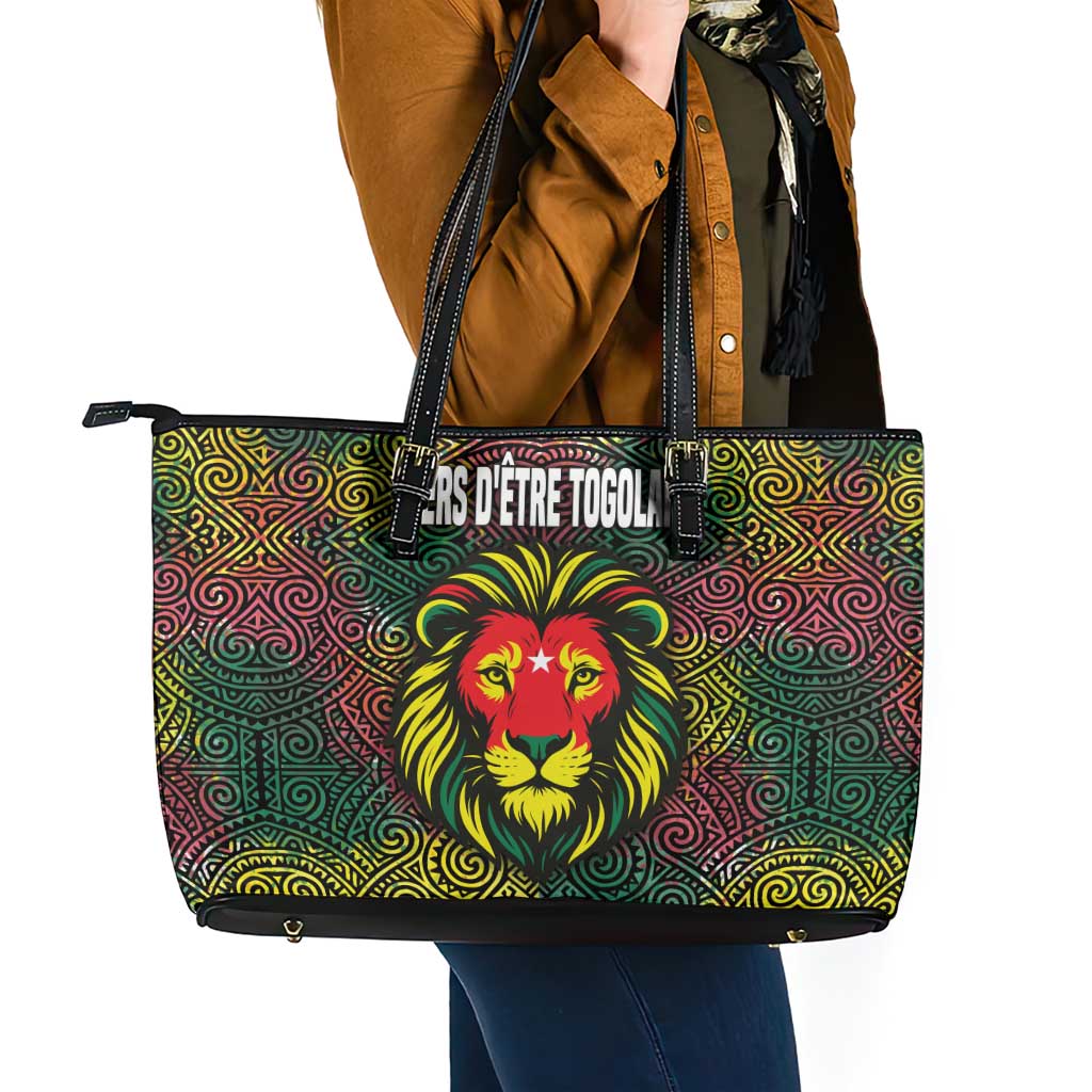 Togo Leather Tote Bag with Red Lion Head Design and Traditional African Pattern
