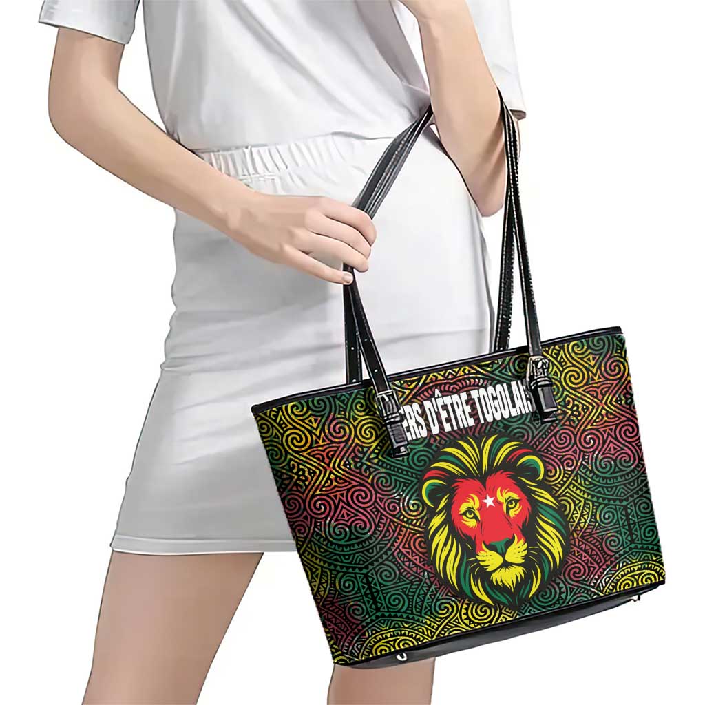 Togo Leather Tote Bag with Red Lion Head Design and Traditional African Pattern