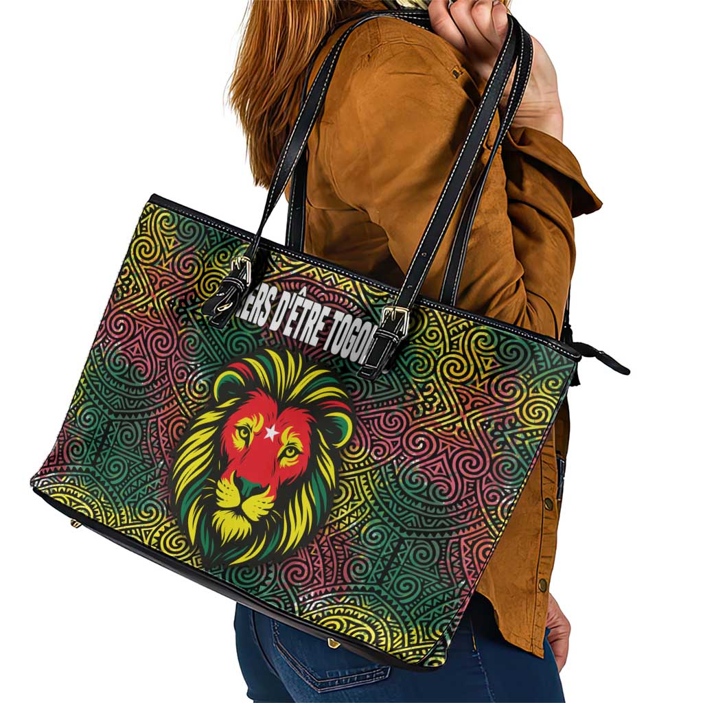 Togo Leather Tote Bag with Red Lion Head Design and Traditional African Pattern