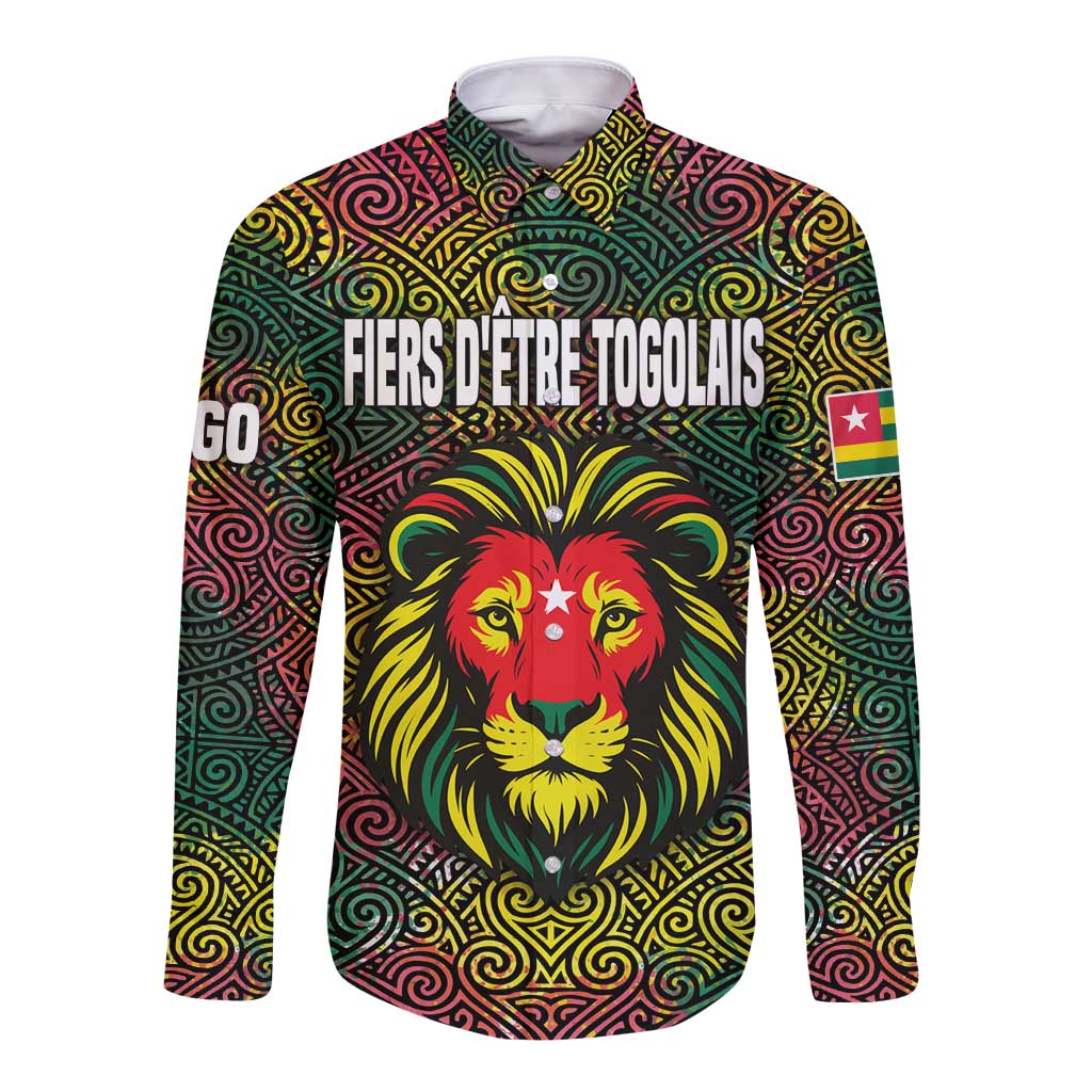 Togo Long Sleeve Button Shirt with Red Lion Head Design and Traditional African Pattern