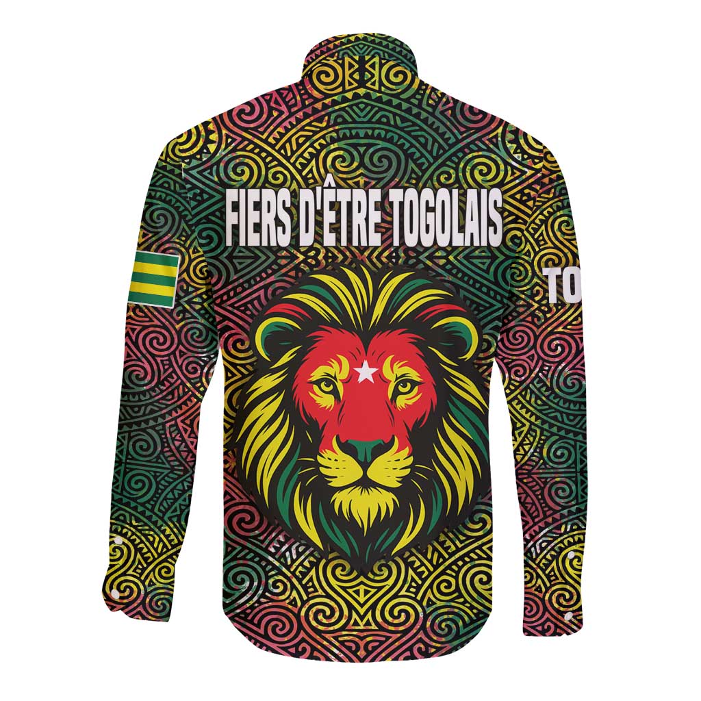 Togo Long Sleeve Button Shirt with Red Lion Head Design and Traditional African Pattern