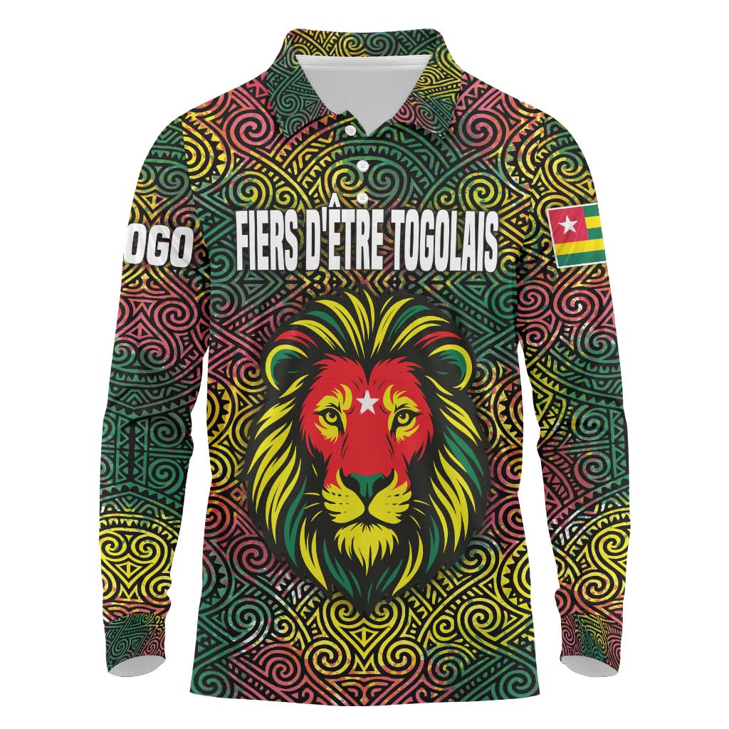 Togo Long Sleeve Polo Shirt with Red Lion Head Design and Traditional African Pattern