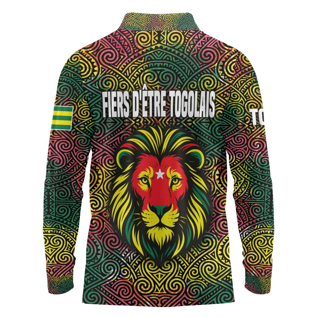 Togo Long Sleeve Polo Shirt with Red Lion Head Design and Traditional African Pattern
