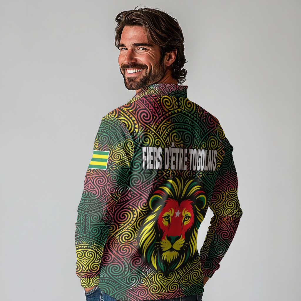 Togo Long Sleeve Polo Shirt with Red Lion Head Design and Traditional African Pattern